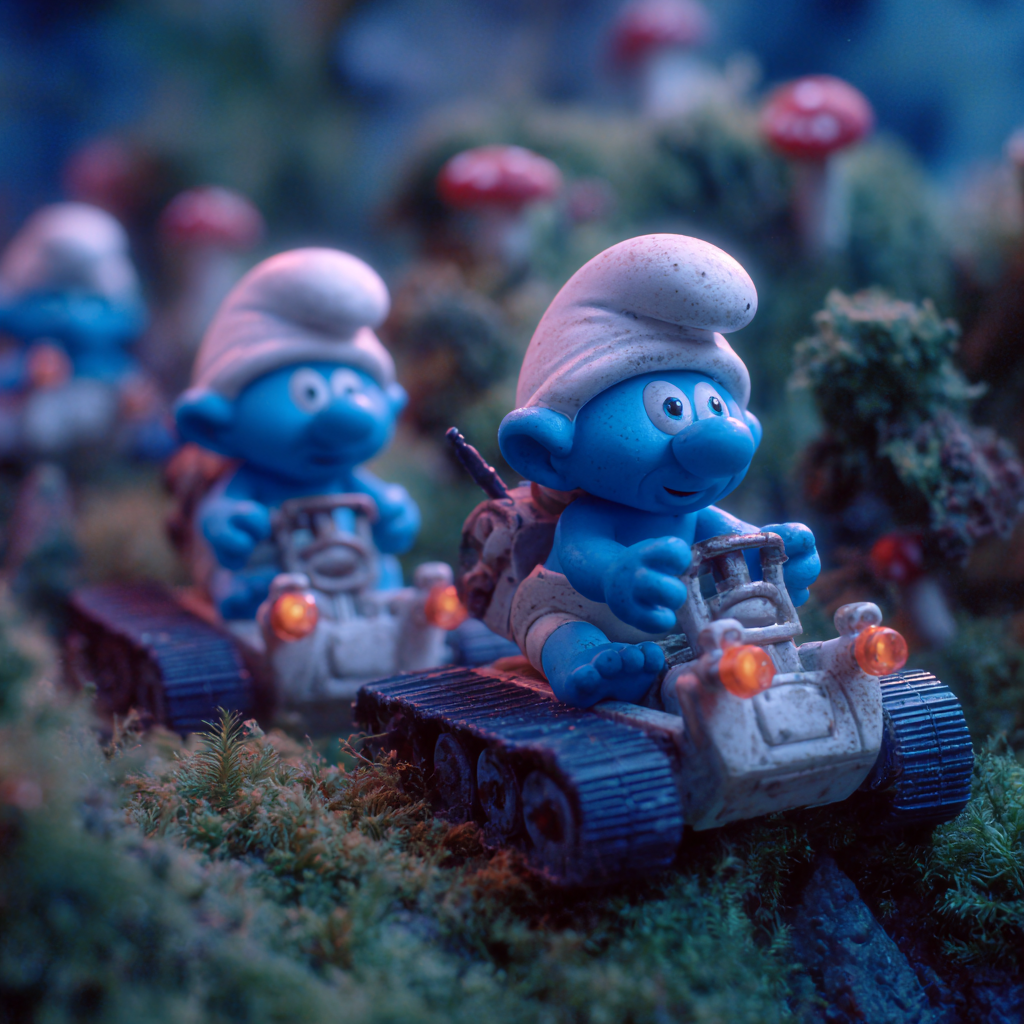 Blue cartoon characters driving futuristic vehicles