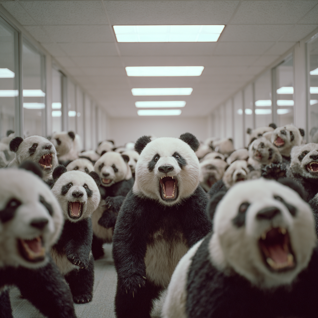 A crowd of surprised pandas in a bright office